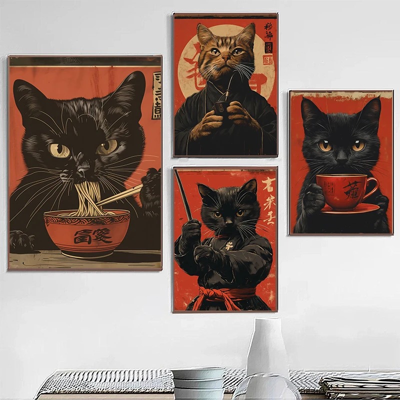 Japanese Eating Lifestyle - Japanische Edo-Stil, schwarze Katze, die Nudeln