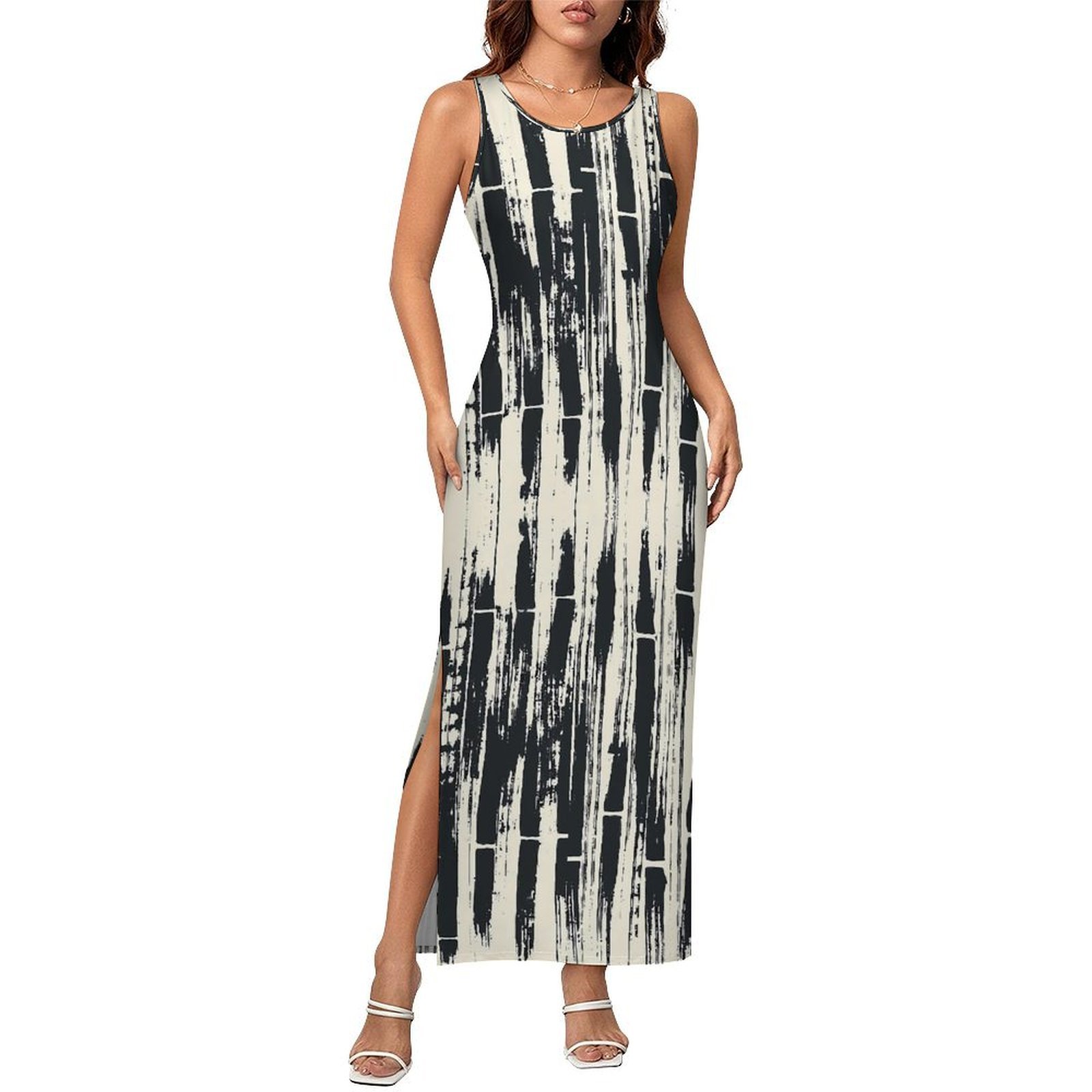 Shibori Tie Dye - Schwarzes Batik-Kleid Ärmellos Shibori-Print Street-Fashion Maxikleid